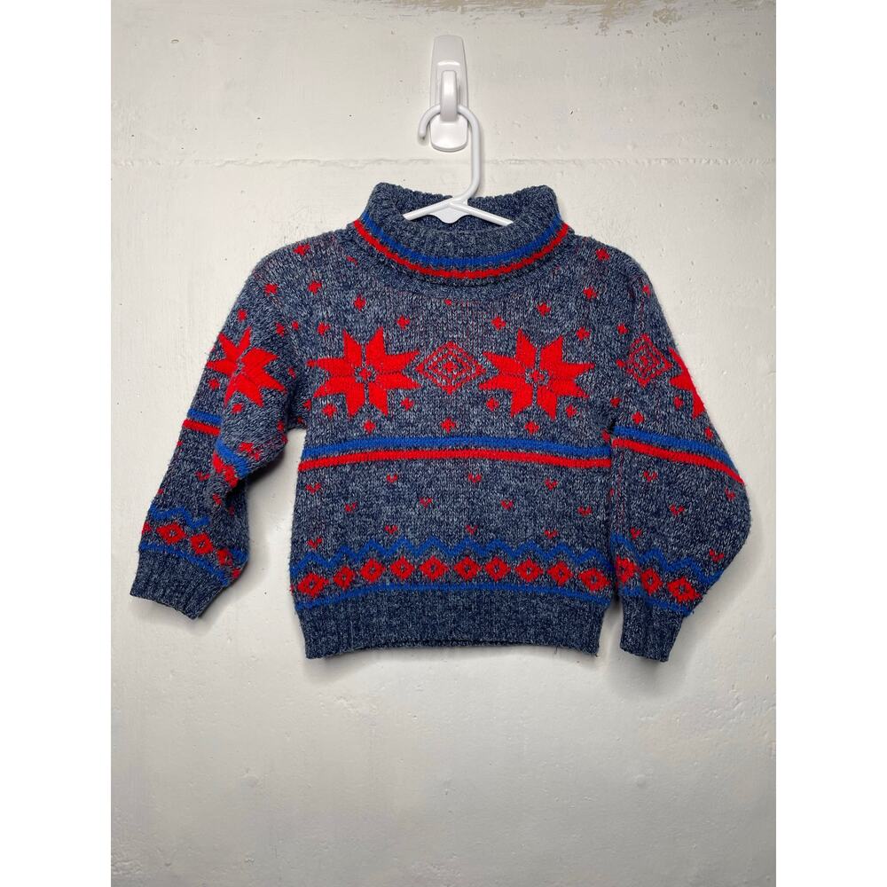 Vintage Park Bench Kids Boys 3T Knit Turtleneck Sweater Blue Red Christmas Ski
